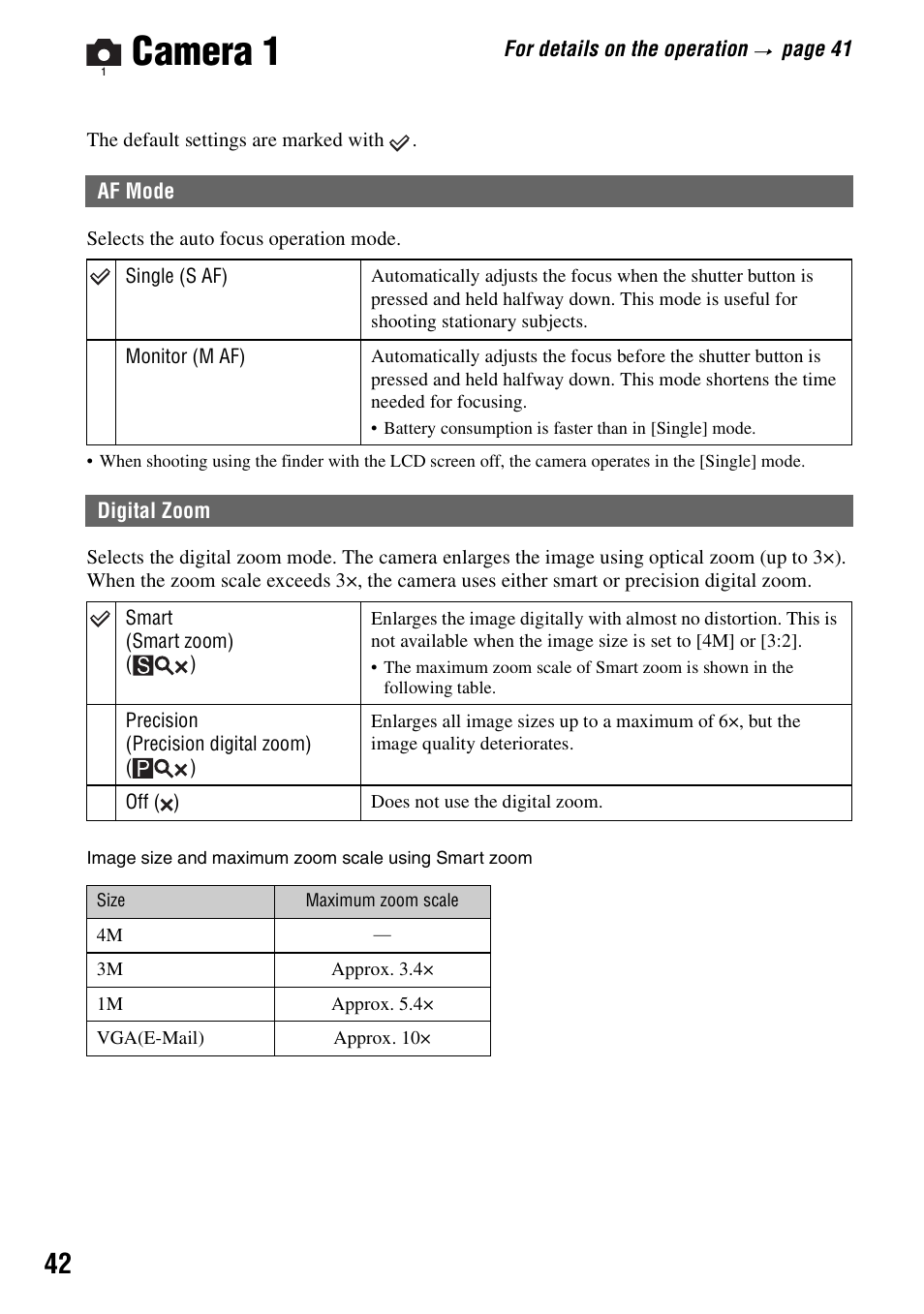 Camera 1, Af mode digital zoom | Sony DSC-S40 User Manual | Page 42 / 91