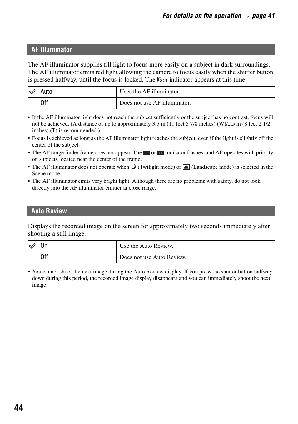 Af illuminator auto review | Sony DSC-S40 User Manual | Page 44 / 91
