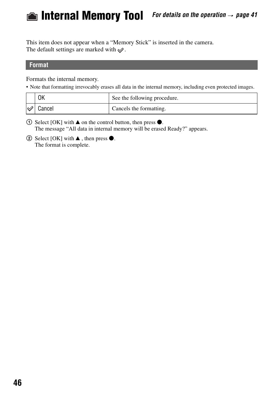Internal memory tool, Format | Sony DSC-S40 User Manual | Page 46 / 91