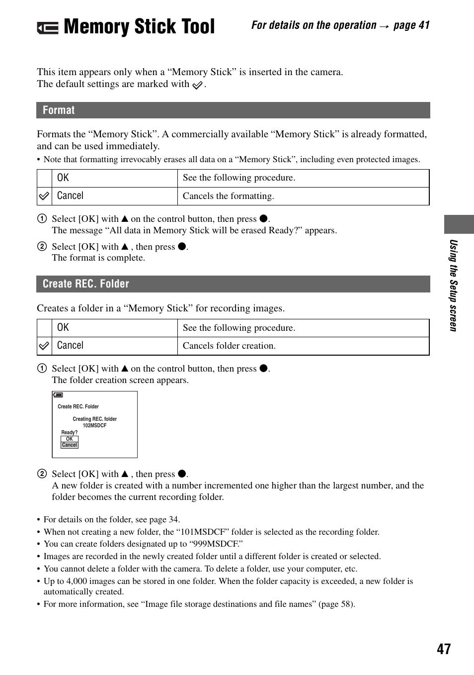 Memory stick tool, Format create rec. folder | Sony DSC-S40 User Manual | Page 47 / 91