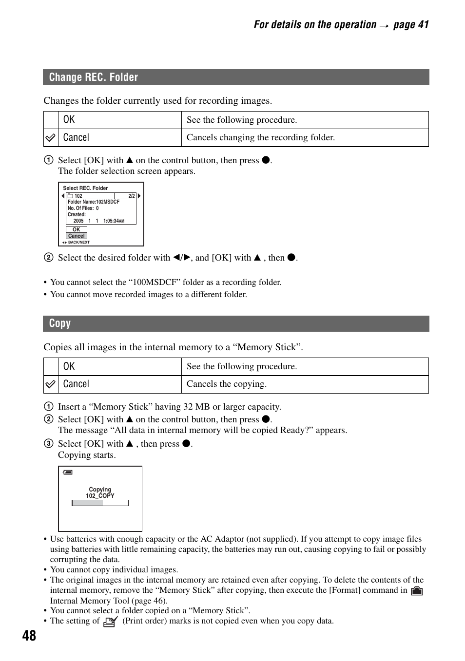 Change rec. folder copy, For details on the operation, Page 41 | Change rec. folder, Copy | Sony DSC-S40 User Manual | Page 48 / 91