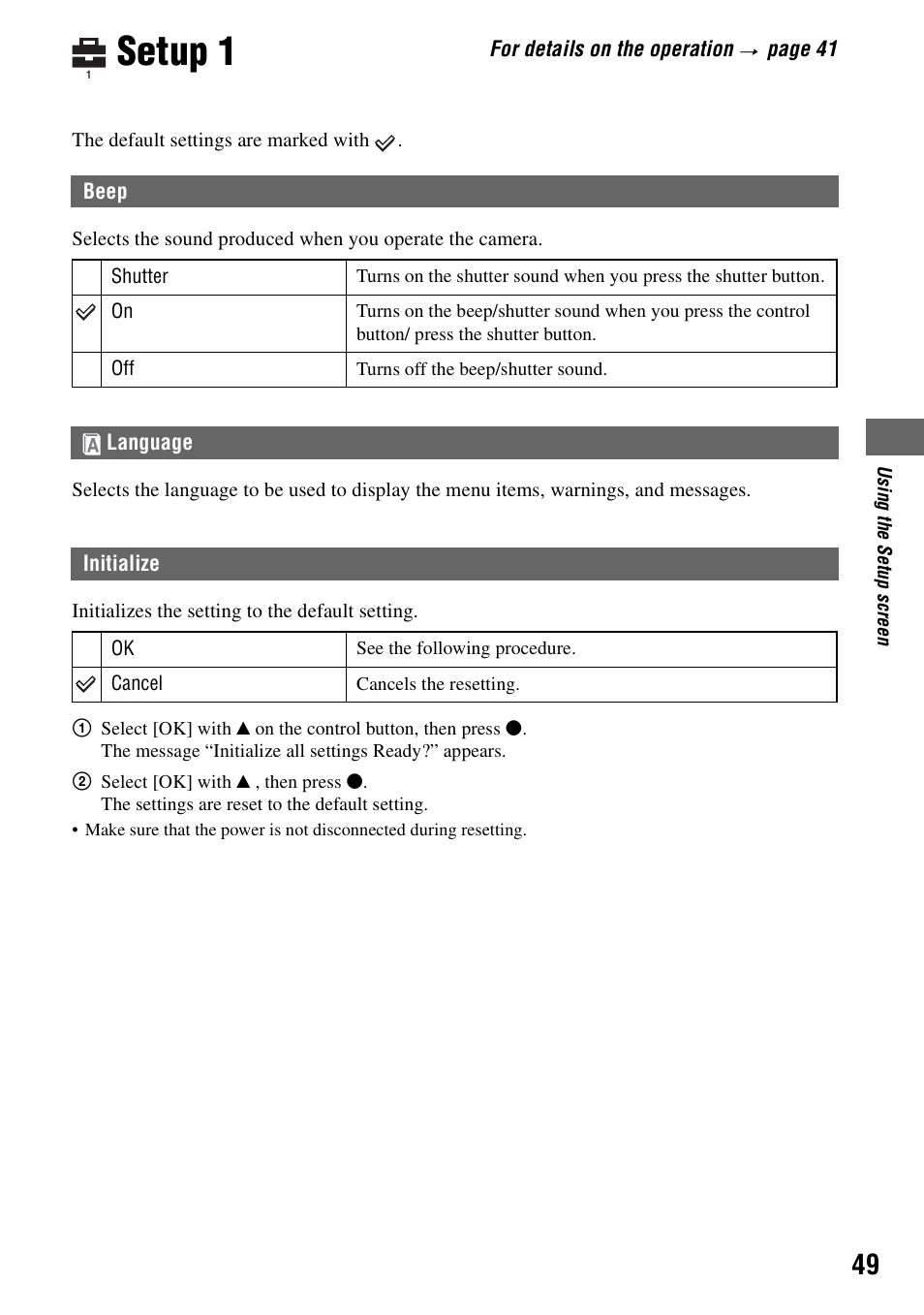Setup 1, Beep, Language | Initialize | Sony DSC-S40 User Manual | Page 49 / 91
