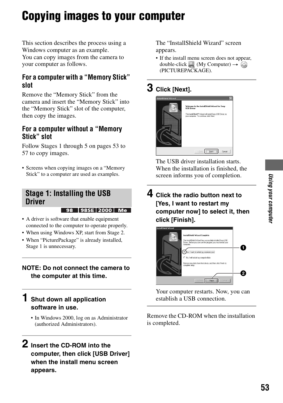 Copying images to your computer, Stage 1: installing the usb driver | Sony DSC-S40 User Manual | Page 53 / 91