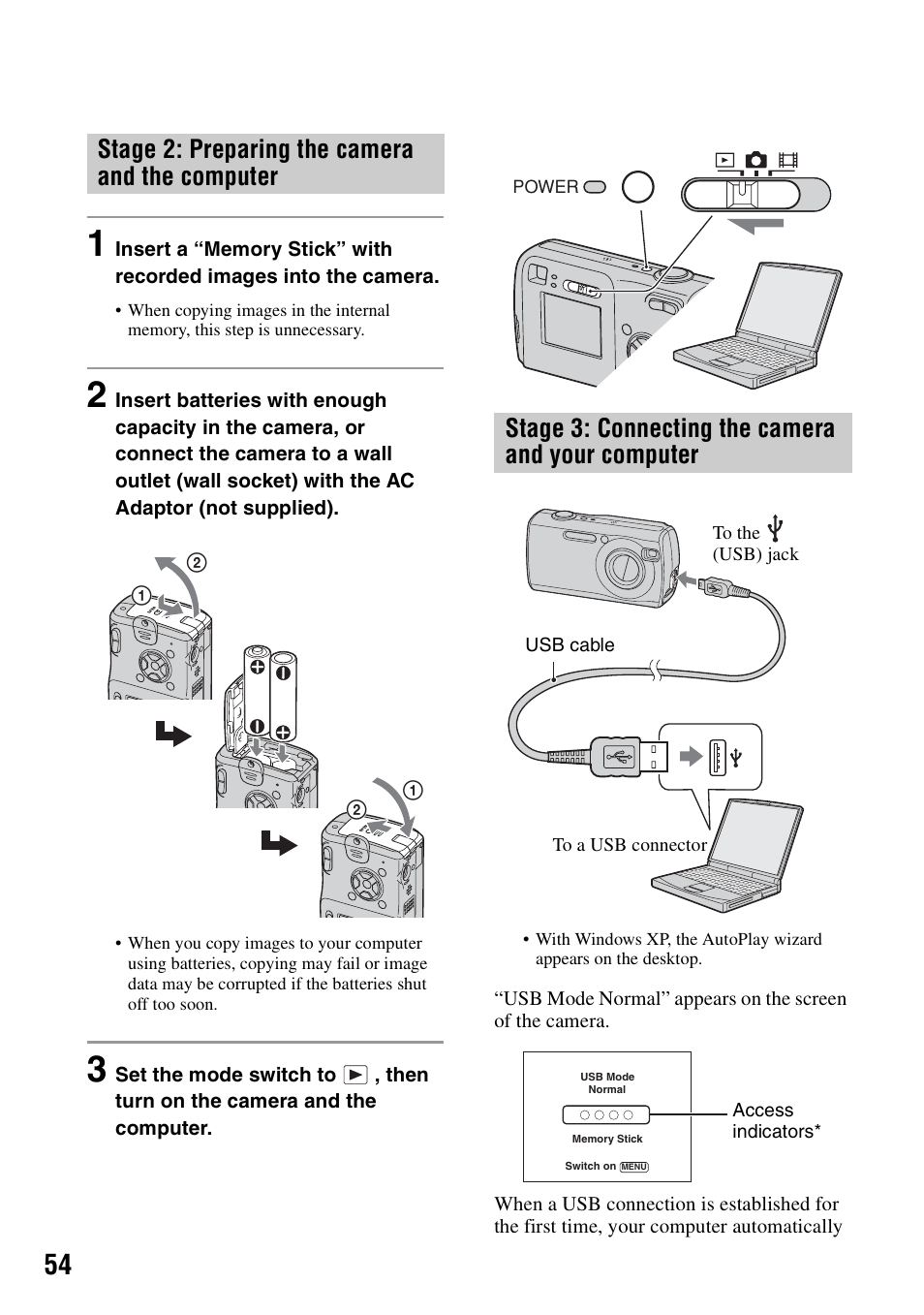 Stage 2: preparing the camera and the computer, Stage 3: connecting the camera and your computer | Sony DSC-S40 User Manual | Page 54 / 91
