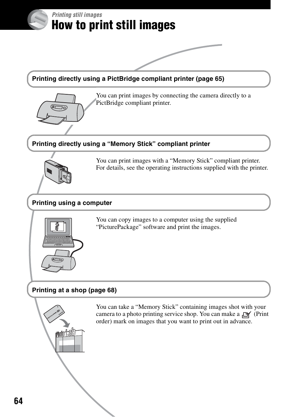 Printing still images, How to print still images | Sony DSC-S40 User Manual | Page 64 / 91