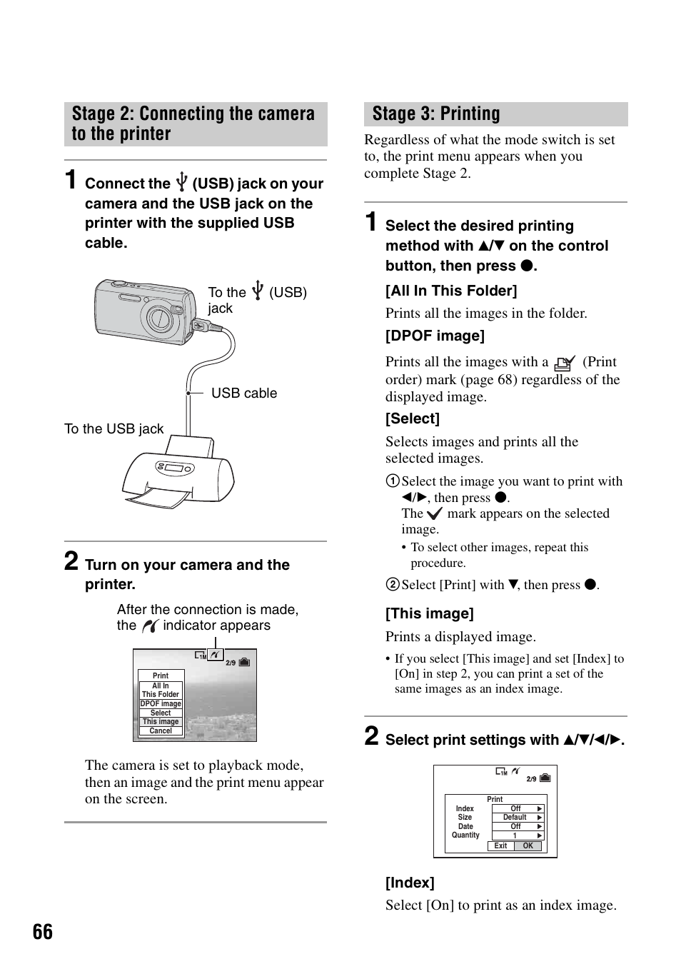 Stage 2: connecting the camera to the printer, Stage 3: printing | Sony DSC-S40 User Manual | Page 66 / 91