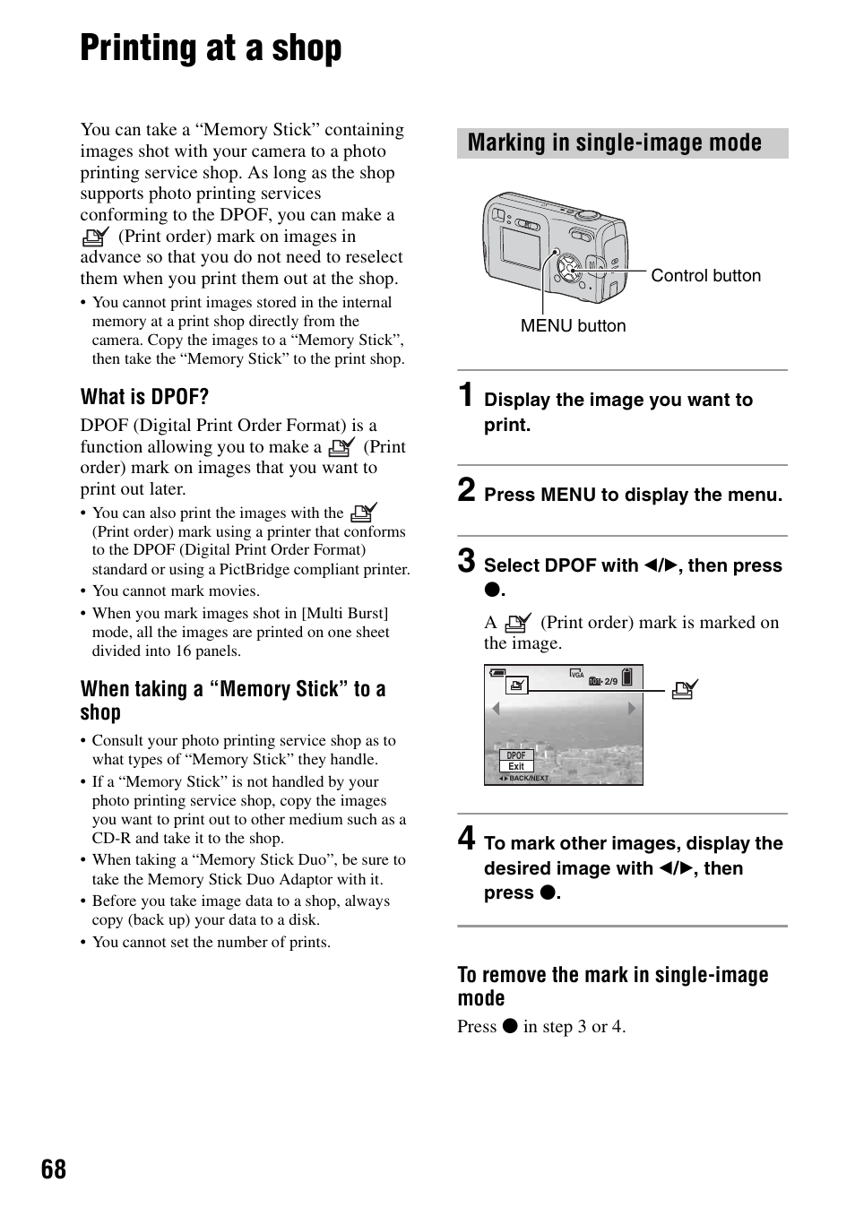 Printing at a shop, Marking in single-image mode | Sony DSC-S40 User Manual | Page 68 / 91