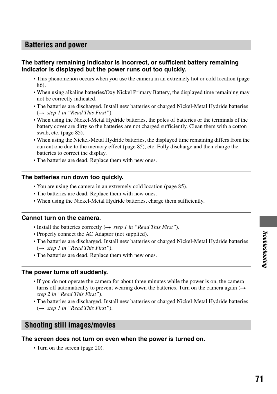 Batteries and power shooting still images/movies | Sony DSC-S40 User Manual | Page 71 / 91