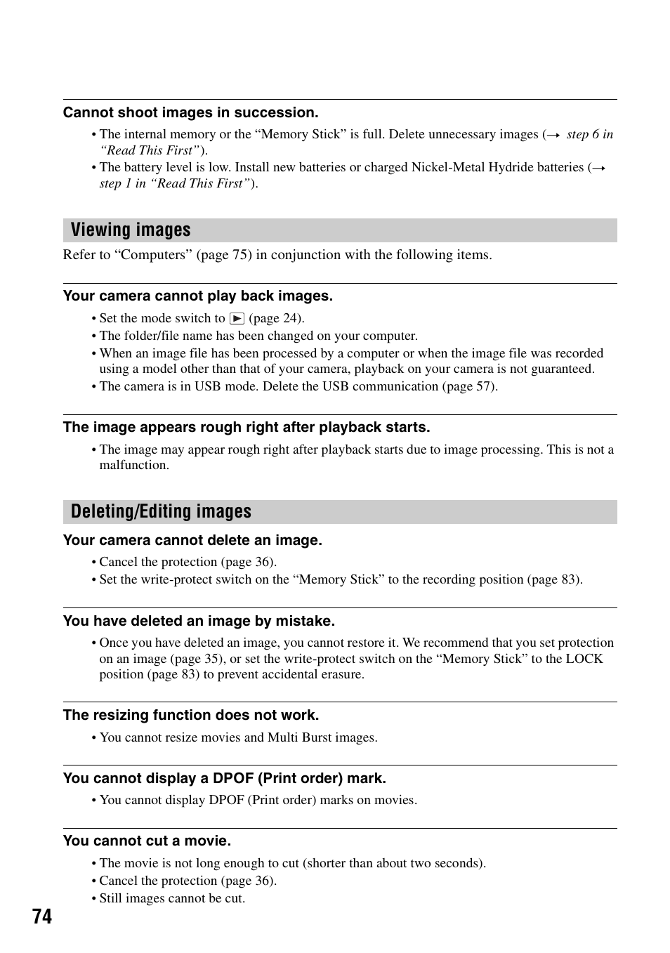 Viewing images deleting/editing images | Sony DSC-S40 User Manual | Page 74 / 91