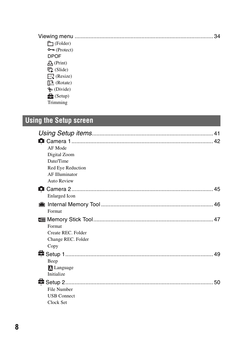 Using the setup screen, Using setup items | Sony DSC-S40 User Manual | Page 8 / 91