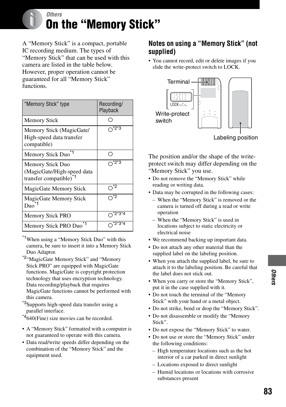 Others, On the “memory stick | Sony DSC-S40 User Manual | Page 83 / 91