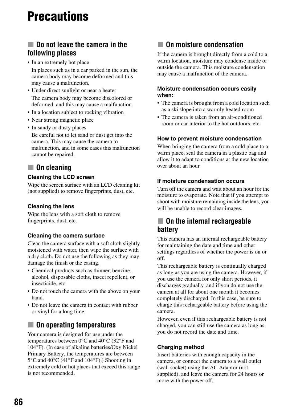 Precautions | Sony DSC-S40 User Manual | Page 86 / 91