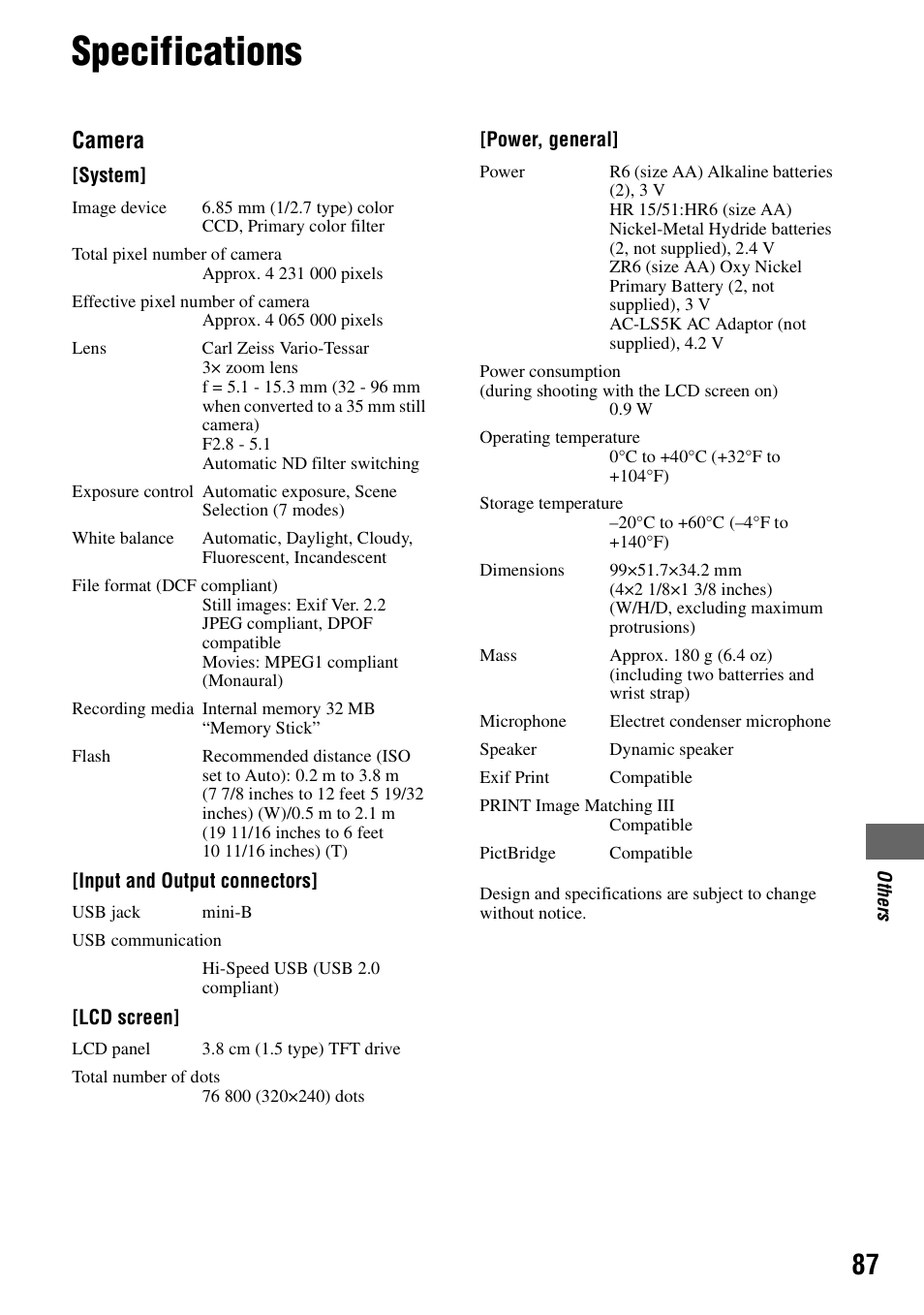 Specifications, Camera | Sony DSC-S40 User Manual | Page 87 / 91