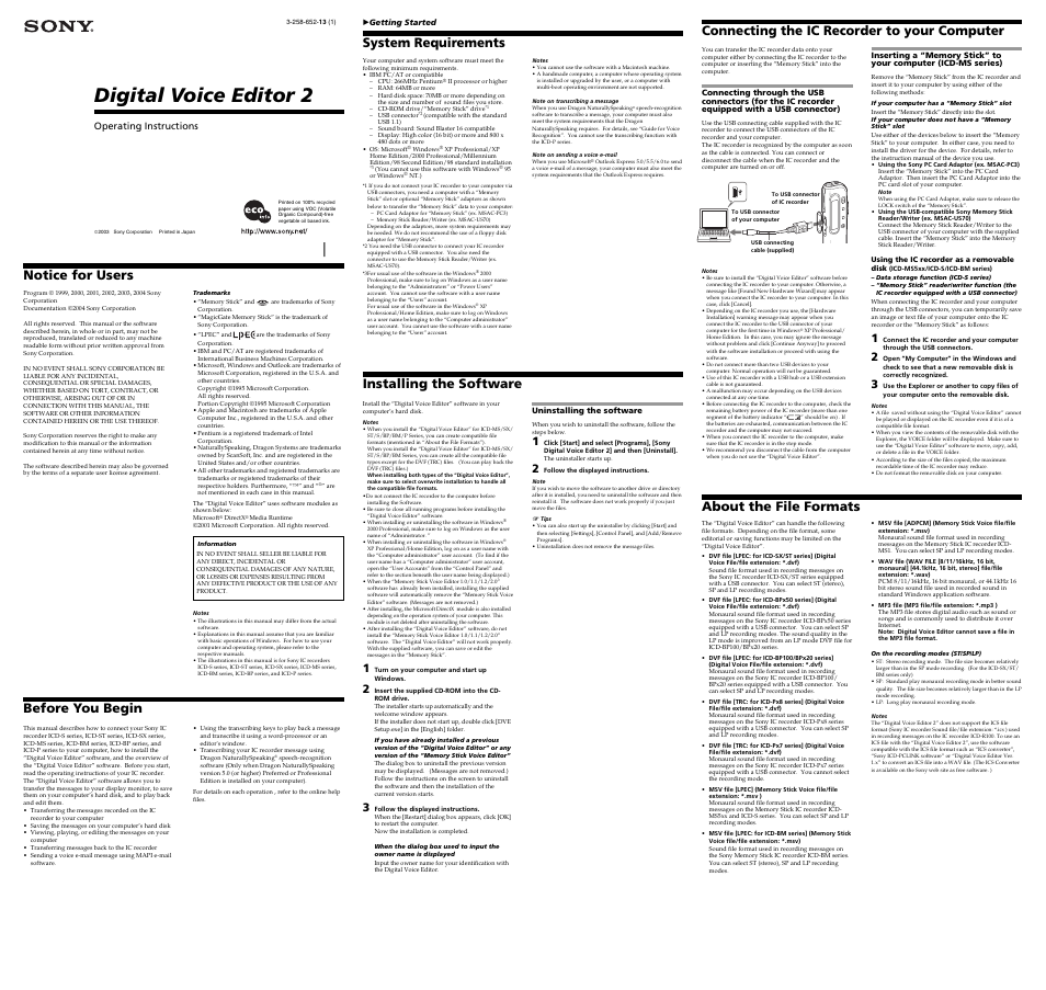 Sony ICD-BM1VTP2 User Manual | 2 pages