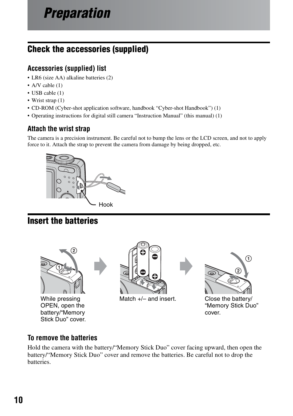 Preparation, Check the accessories (supplied), Insert the batteries | Sony DSC-S500 User Manual | Page 10 / 28