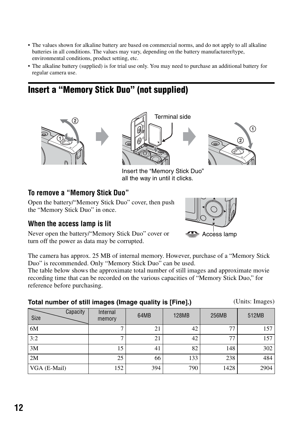 Insert a “memory stick duo” (not supplied), When the access lamp is lit | Sony DSC-S500 User Manual | Page 12 / 28