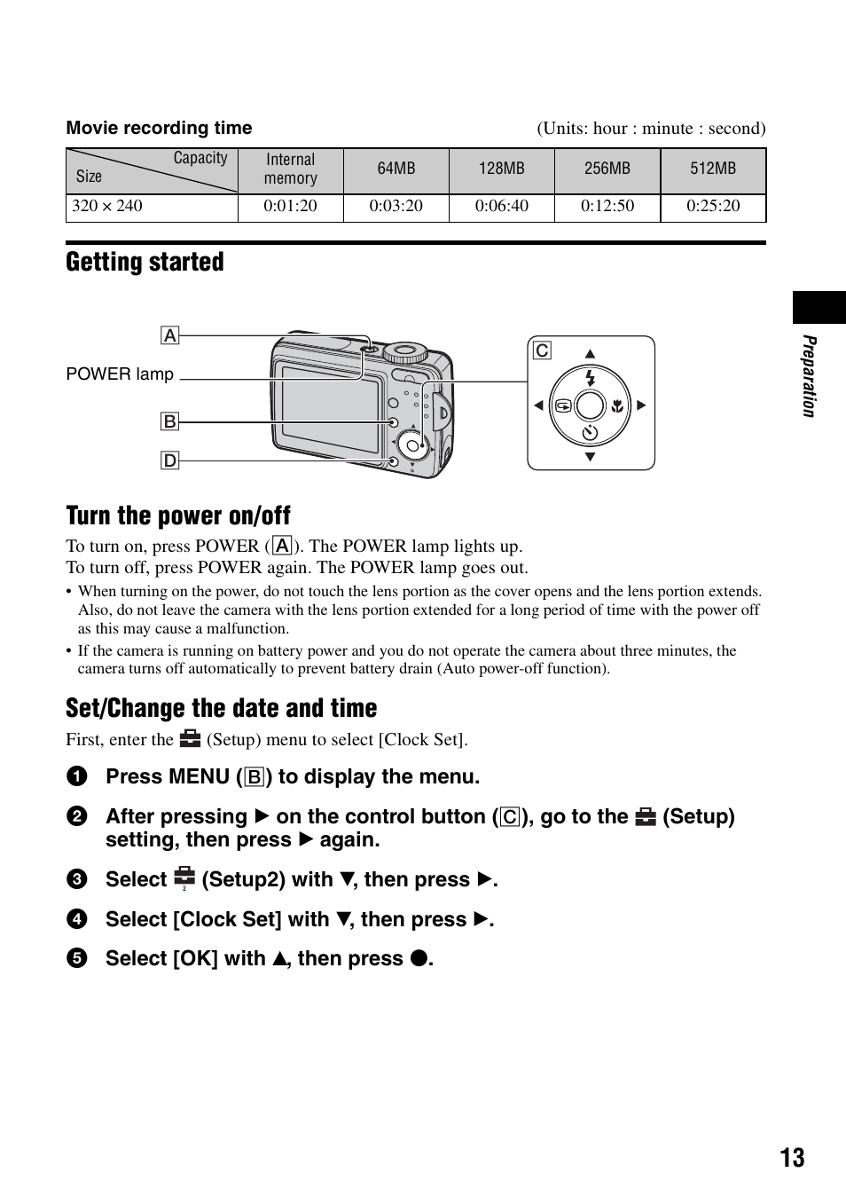 Getting started, Turn the power on/off, Set/change the date and time | Sony DSC-S500 User Manual | Page 13 / 28