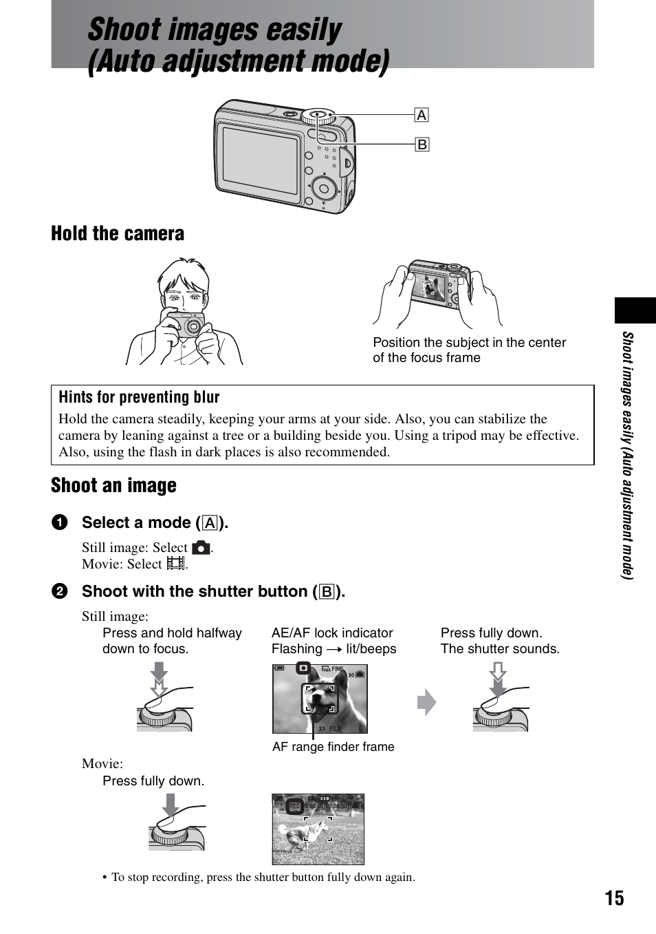 Shoot images easily (auto adjustment mode), Hold the camera shoot an image | Sony DSC-S500 User Manual | Page 15 / 28