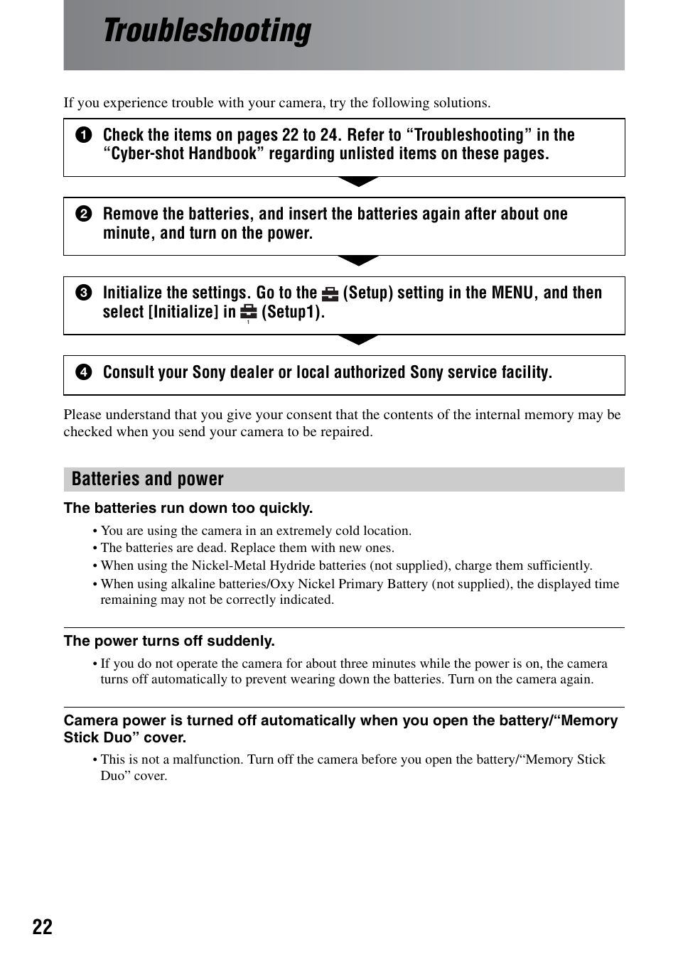 Troubleshooting, Batteries and power | Sony DSC-S500 User Manual | Page 22 / 28