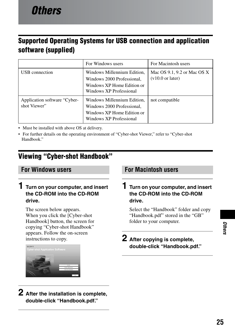 Others, Viewing “cyber-shot handbook | Sony DSC-S500 User Manual | Page 25 / 28