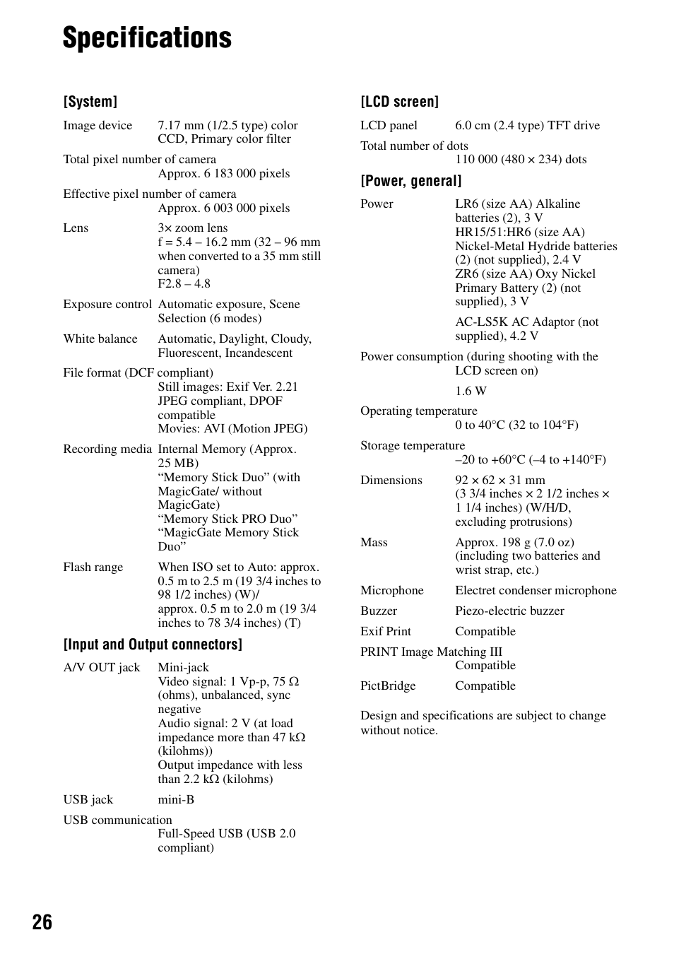 Specifications | Sony DSC-S500 User Manual | Page 26 / 28