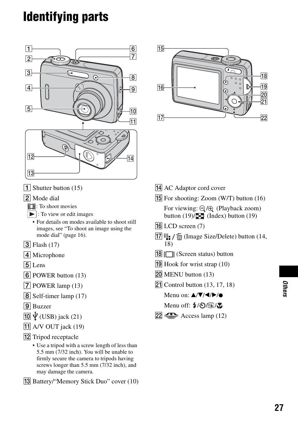 Identifying parts | Sony DSC-S500 User Manual | Page 27 / 28