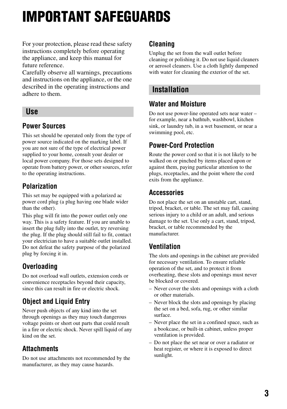 Important safeguards, Use installation | Sony DSC-S500 User Manual | Page 3 / 28