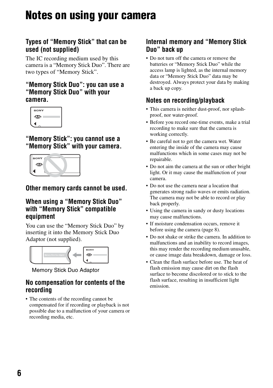 Notes on using your camera | Sony DSC-S500 User Manual | Page 6 / 28