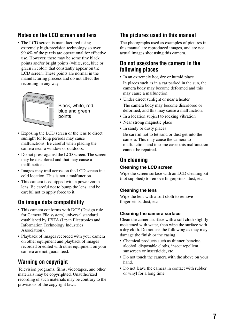 On image data compatibility, Warning on copyright, The pictures used in this manual | On cleaning | Sony DSC-S500 User Manual | Page 7 / 28