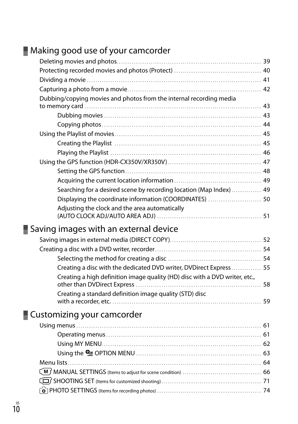 Making good use of your camcorder, Saving images with an external device, Customizing your camcorder | Sony HDR-CX300 User Manual | Page 10 / 119