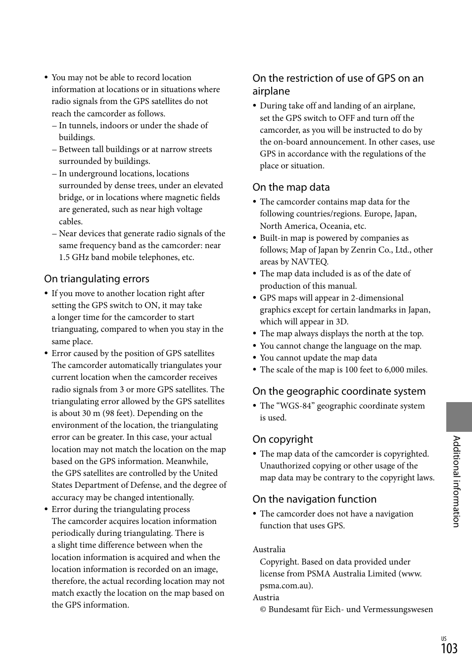 On triangulating errors, On the restriction of use of gps on an airplane, On the map data | On the geographic coordinate system, On copyright, On the navigation function | Sony HDR-CX300 User Manual | Page 103 / 119