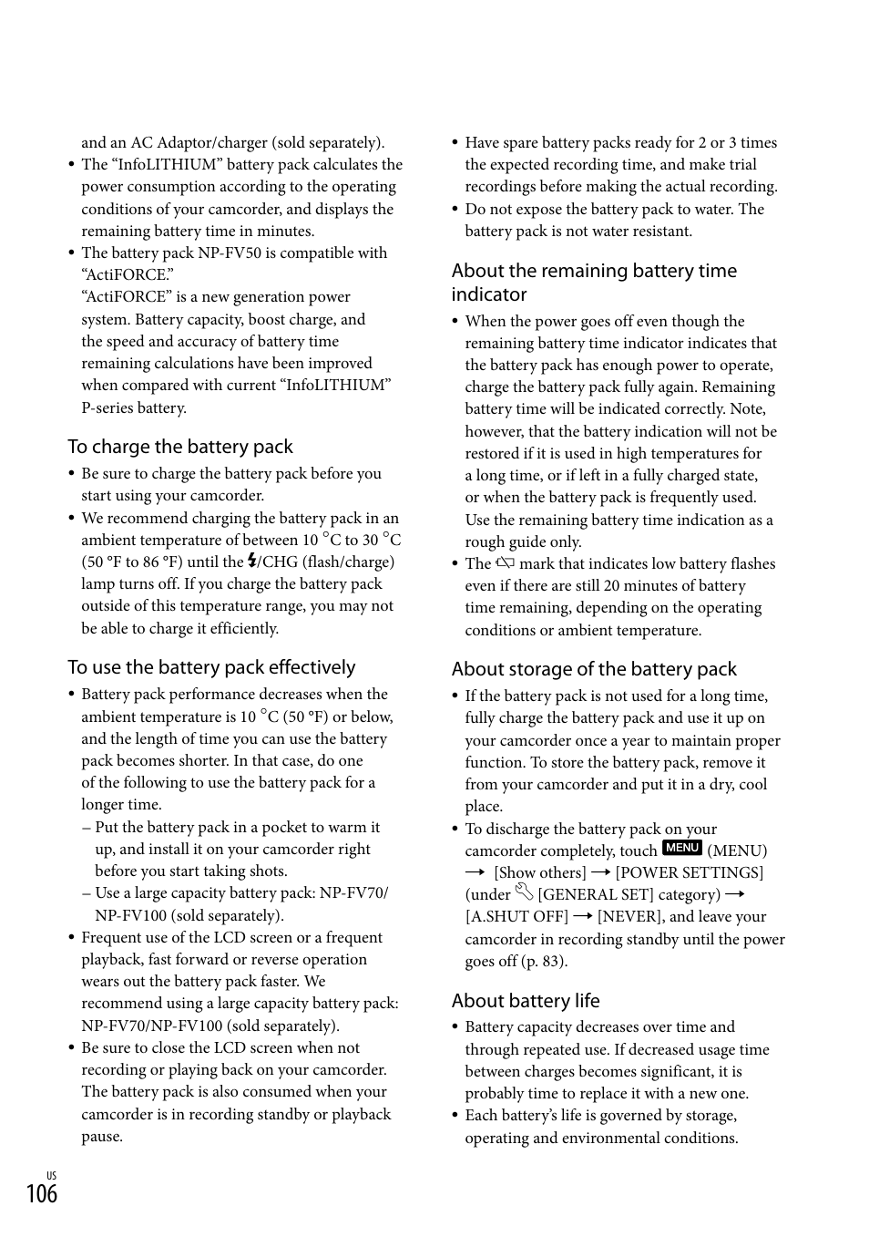 About the remaining battery time indicator, About storage of the battery pack, About battery life | Sony HDR-CX300 User Manual | Page 106 / 119