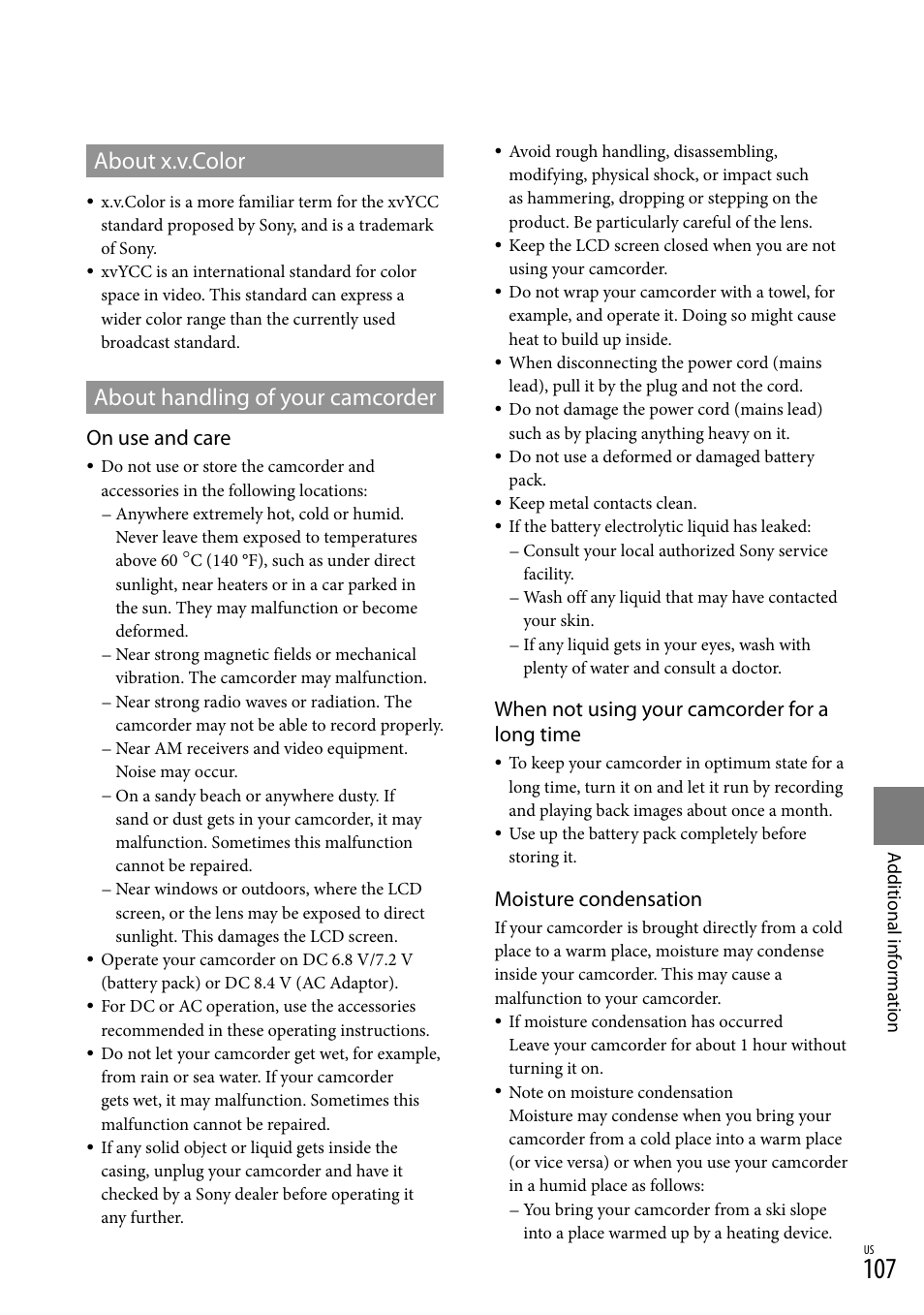 About x.v.color, About handling of your camcorder, About x.v.color about handling of your camcorder | On use and care, When not using your camcorder for a long time, Moisture condensation | Sony HDR-CX300 User Manual | Page 107 / 119