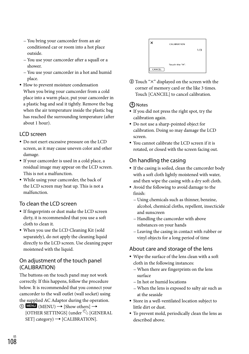 Lcd screen, On adjustment of the touch panel (calibration), On handling the casing | About care and storage of the lens | Sony HDR-CX300 User Manual | Page 108 / 119