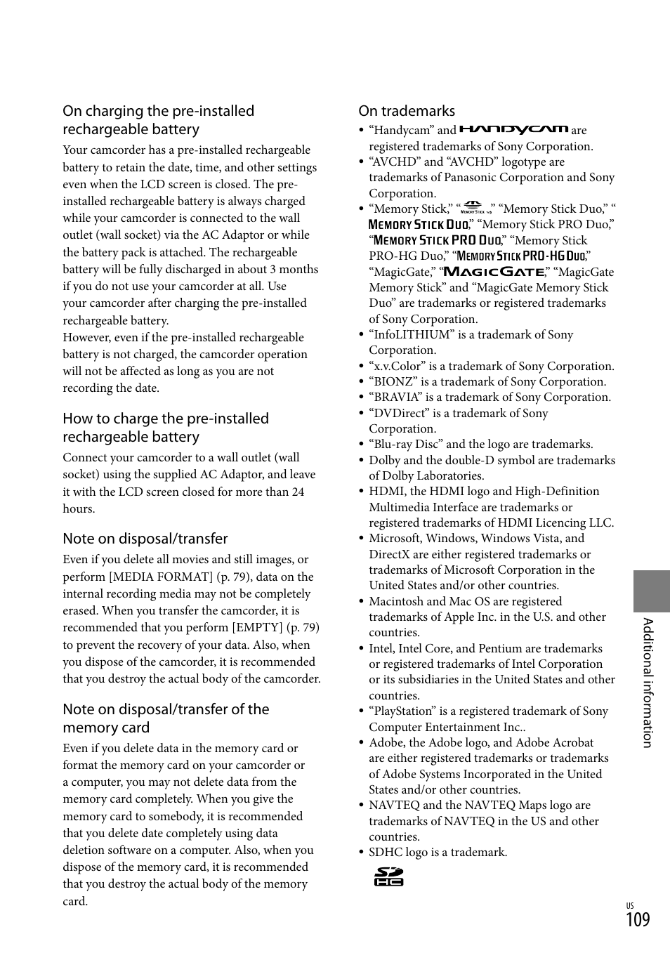 On charging the pre-installed rechargeable battery, On trademarks | Sony HDR-CX300 User Manual | Page 109 / 119