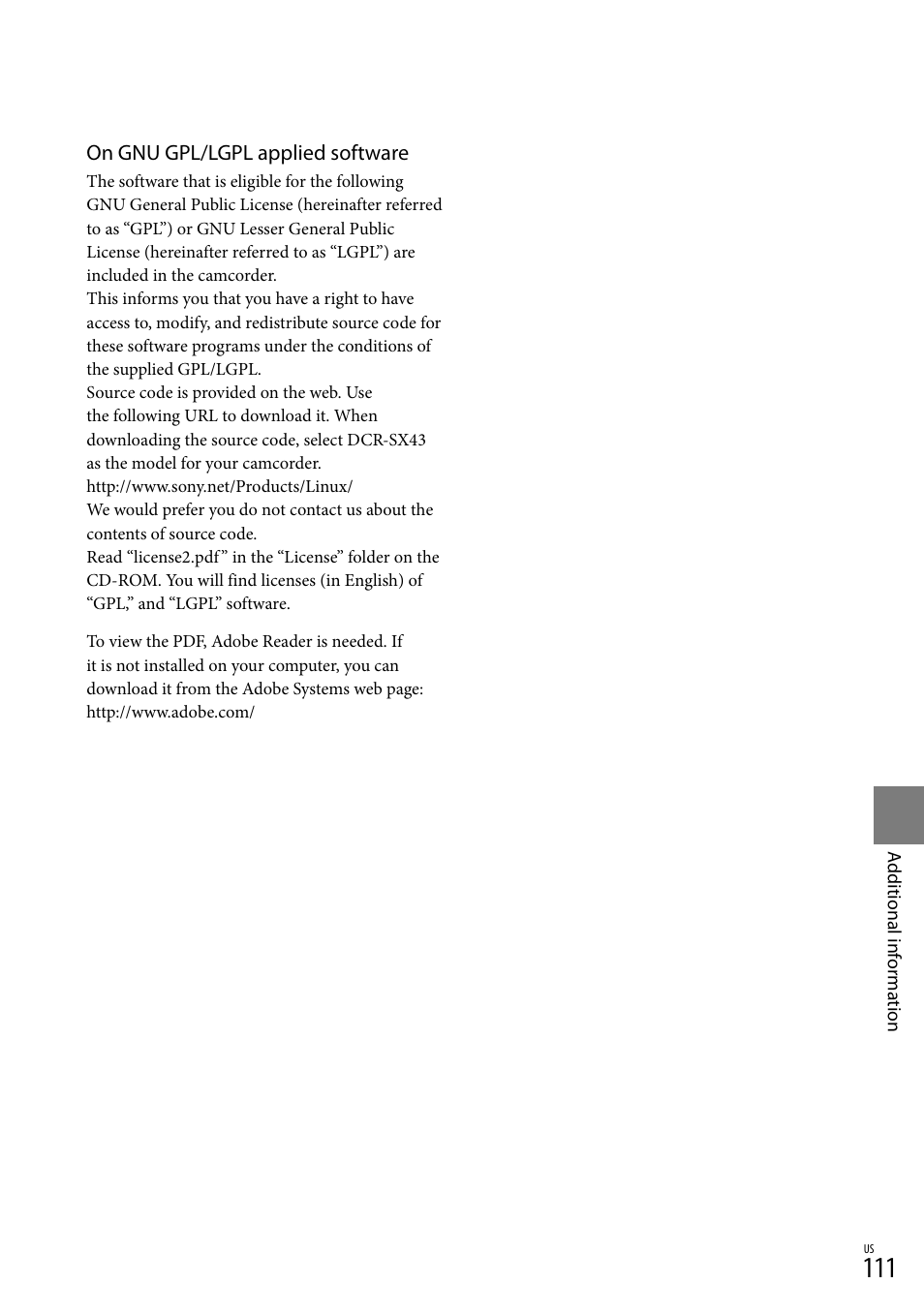 On gnu gpl/lgpl applied software | Sony HDR-CX300 User Manual | Page 111 / 119
