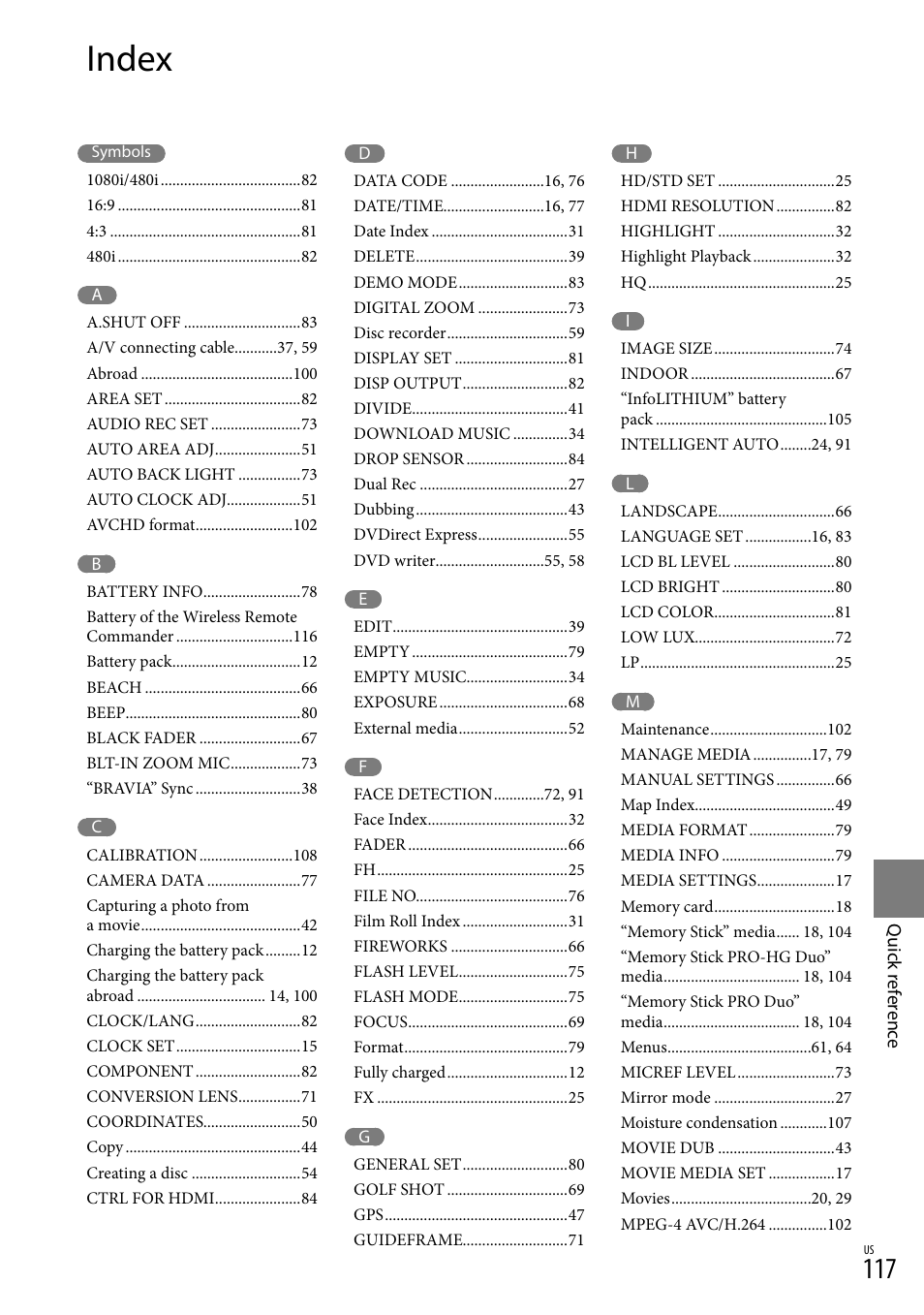 Index | Sony HDR-CX300 User Manual | Page 117 / 119