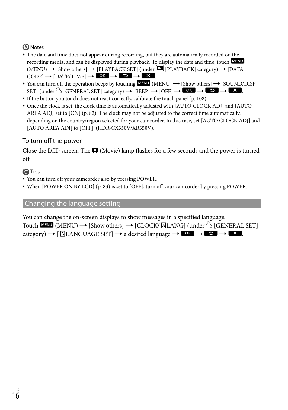 Changing the language setting | Sony HDR-CX300 User Manual | Page 16 / 119