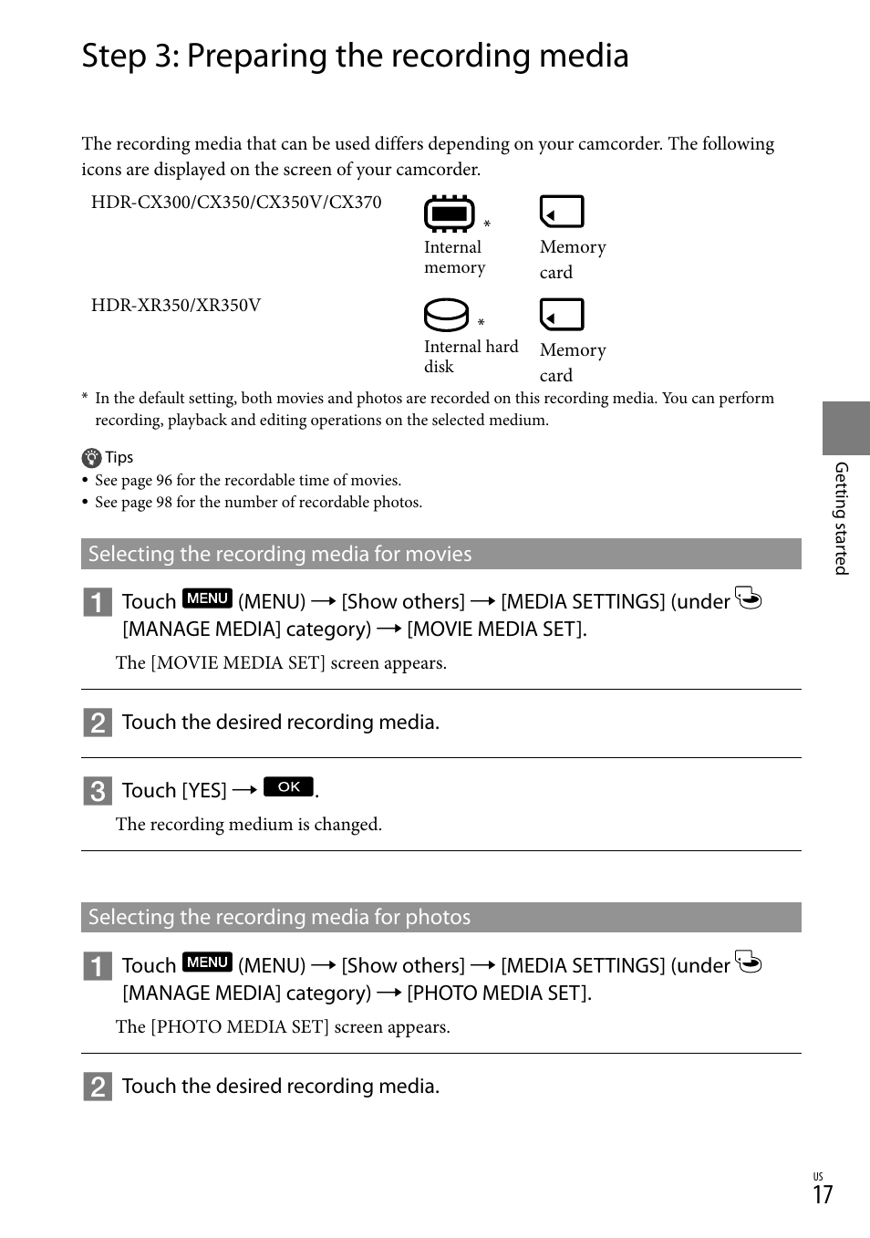 Step 3: preparing the recording media, Selecting the recording media for movies, Selecting the recording media for photos | Sony HDR-CX300 User Manual | Page 17 / 119