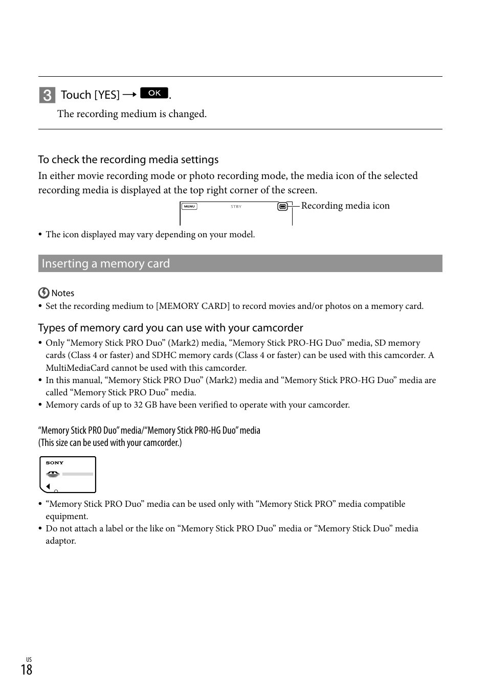Inserting a memory card, Touch [yes | Sony HDR-CX300 User Manual | Page 18 / 119