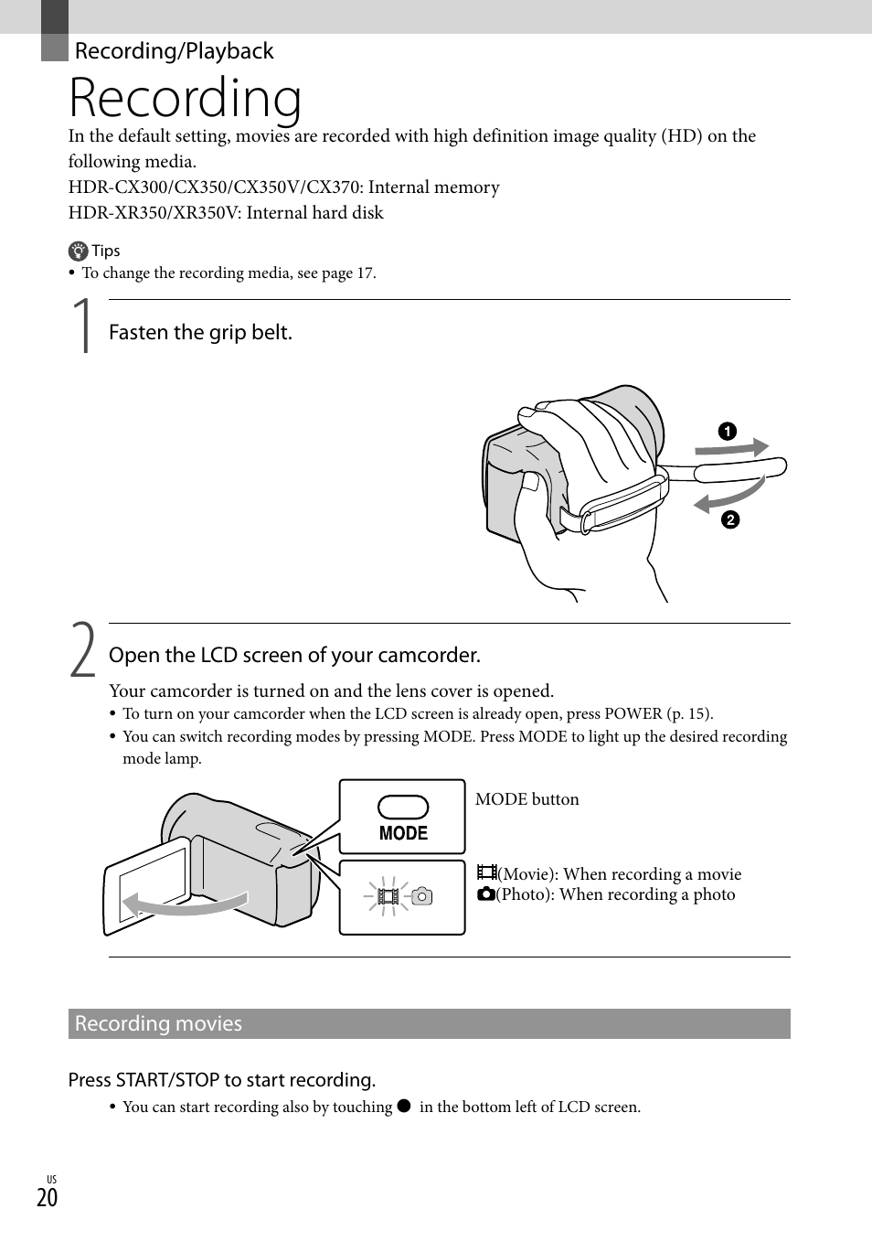 Recording/playback, Recording, Recording movies | 20), t | Sony HDR-CX300 User Manual | Page 20 / 119