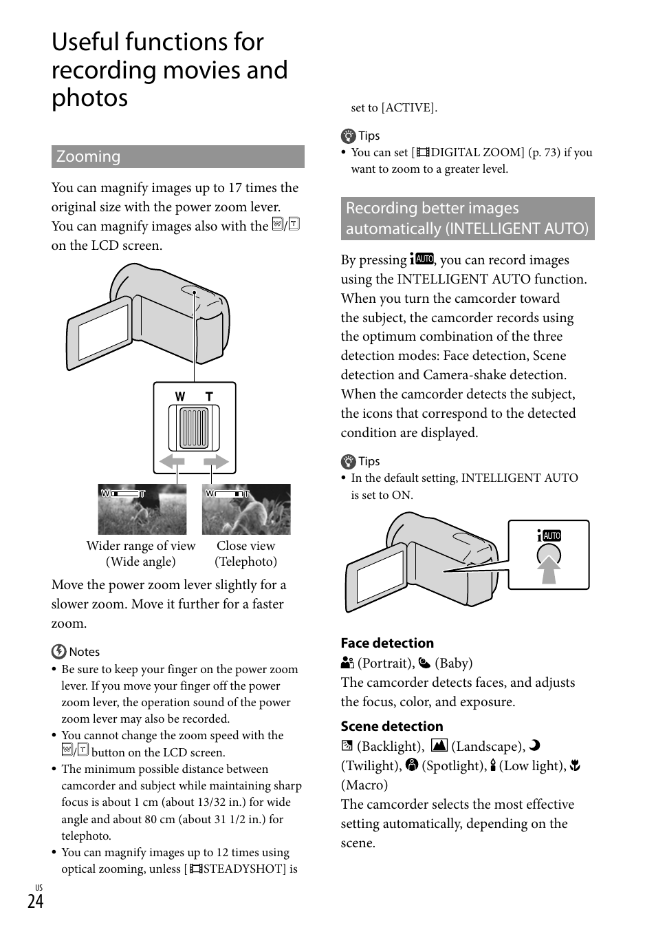 Useful functions for recording movies and photos, Zooming, O(24) | Sony HDR-CX300 User Manual | Page 24 / 119