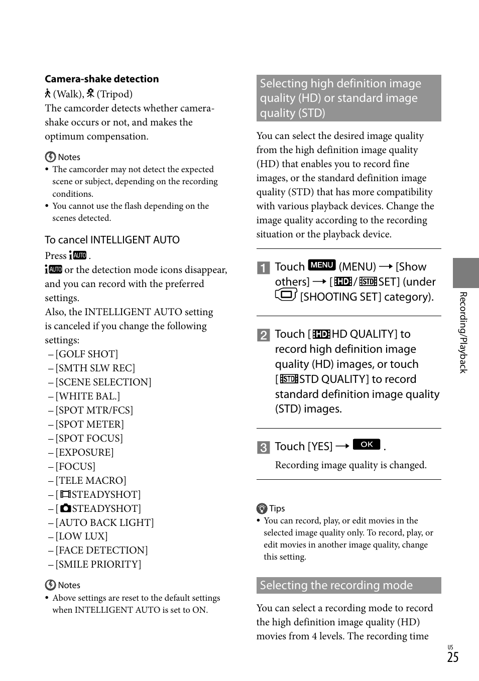 Selecting the recording mode, Selecting high definition image quality (hd) | Sony HDR-CX300 User Manual | Page 25 / 119