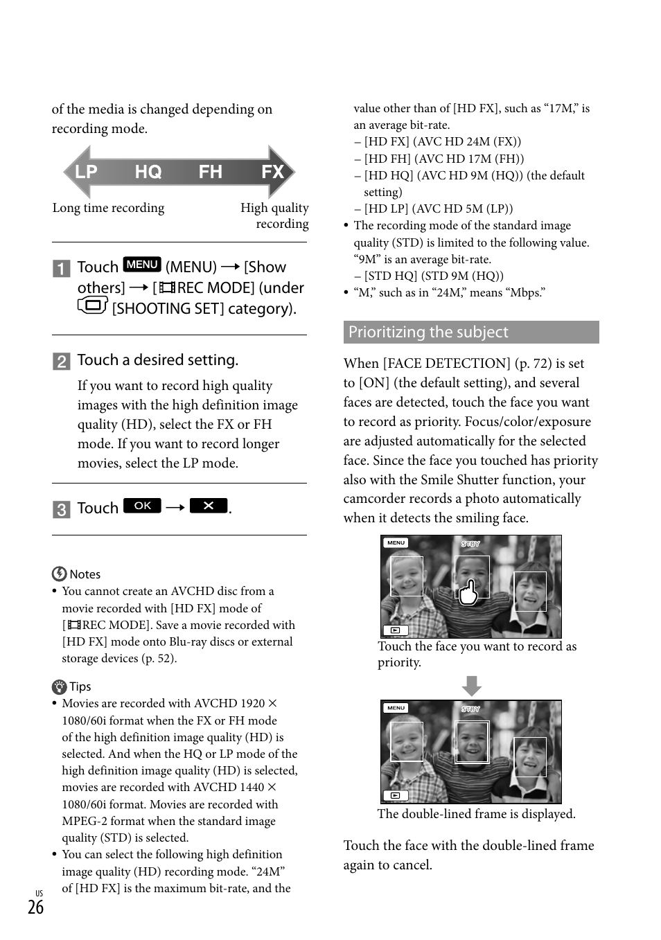 Prioritizing the subject, T(26), Touch | Sony HDR-CX300 User Manual | Page 26 / 119