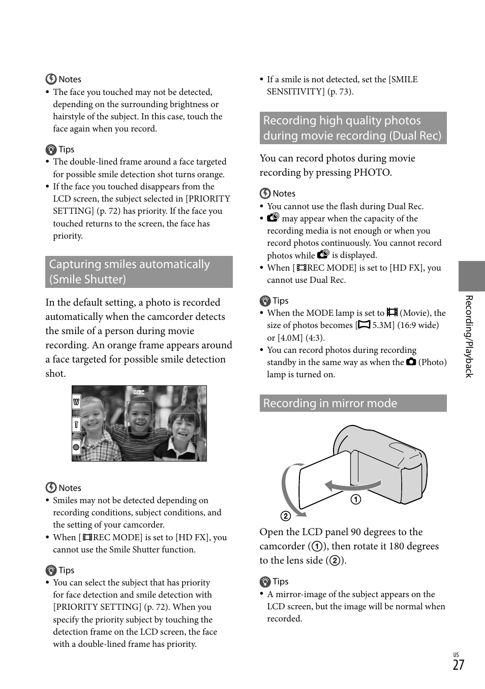 Capturing smiles automatically (smile shutter), Recording in mirror mode, C(27) | Er (27) | Sony HDR-CX300 User Manual | Page 27 / 119