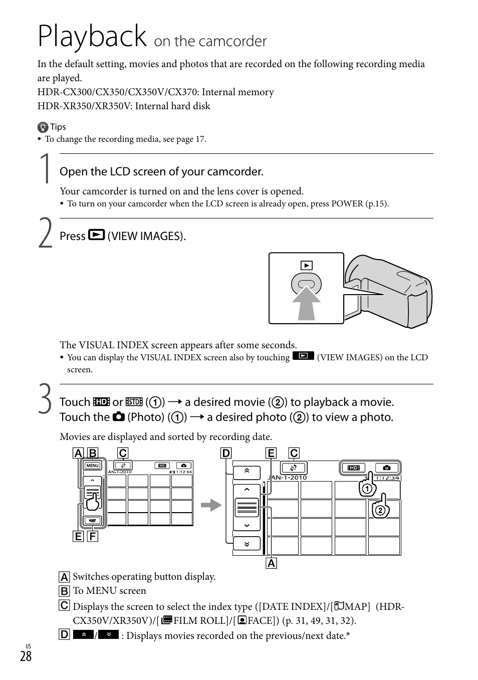 Playback on the camcorder, Playback, On the camcorder | Sony HDR-CX300 User Manual | Page 28 / 119