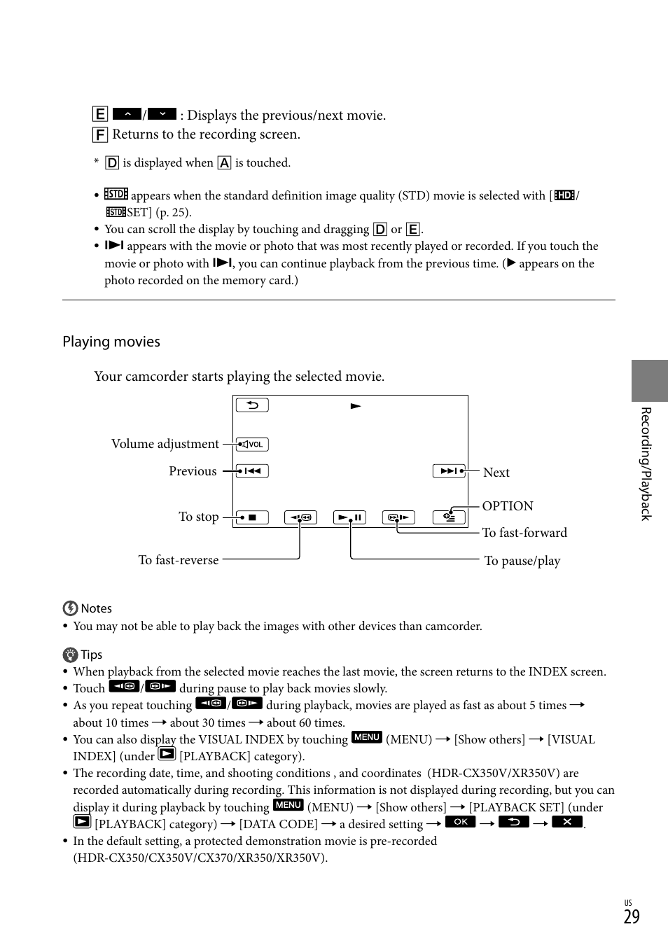 Playing movies | Sony HDR-CX300 User Manual | Page 29 / 119
