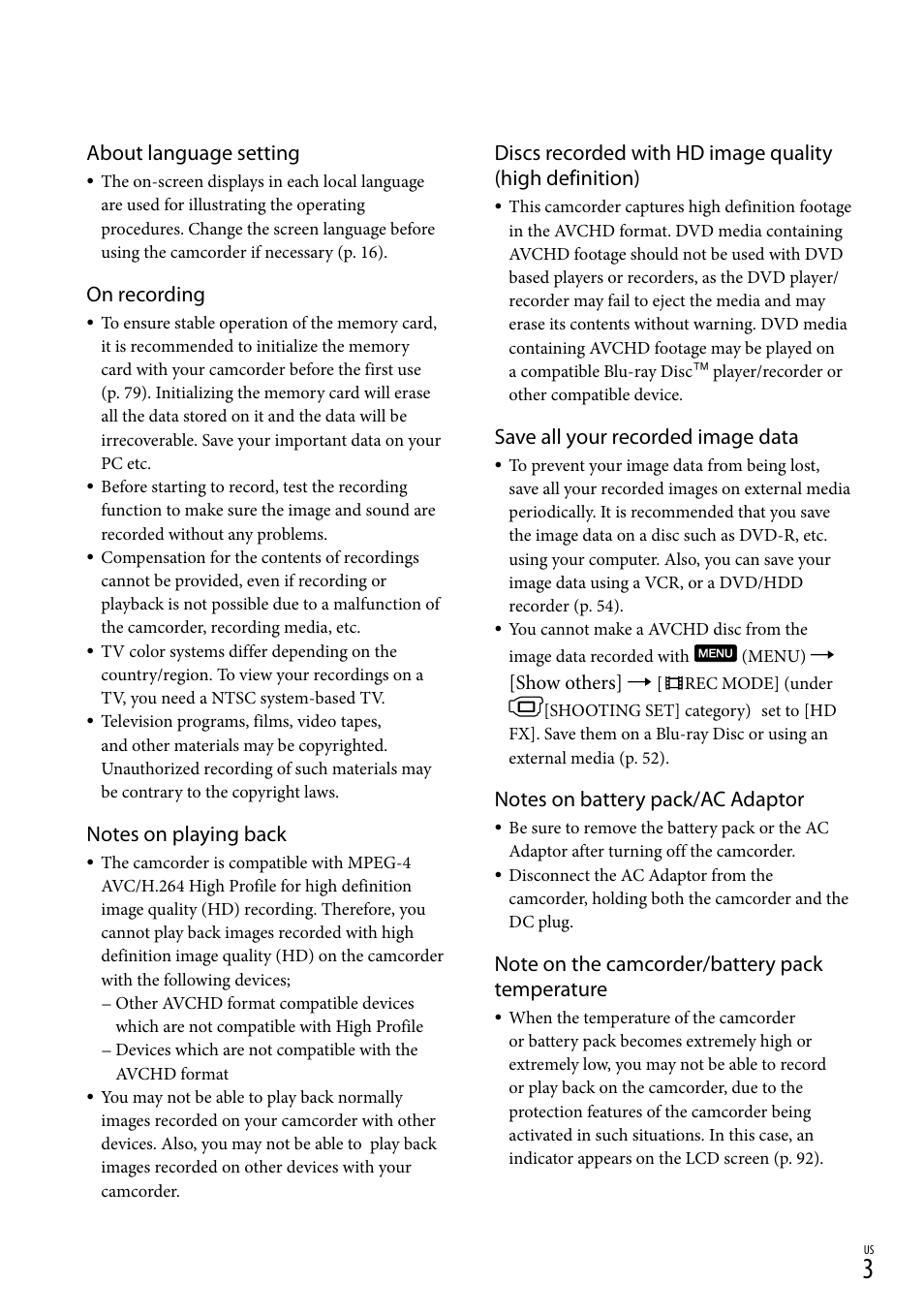 About language setting, On recording, Save all your recorded image data | Sony HDR-CX300 User Manual | Page 3 / 119