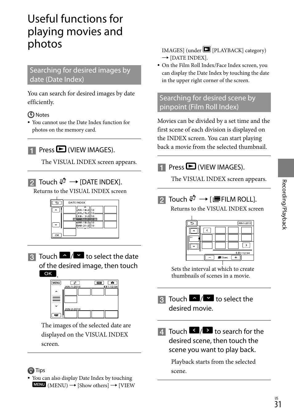 Useful functions for playing movies and photos, Searching for desired images by date (date index) | Sony HDR-CX300 User Manual | Page 31 / 119