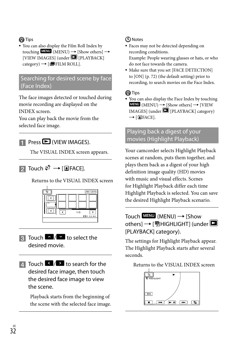 Searching for desired scene by face (face index) | Sony HDR-CX300 User Manual | Page 32 / 119